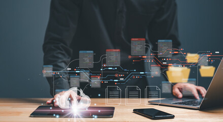 Database administrators backup company, customer data concept. Databases, computer, file, document,...
