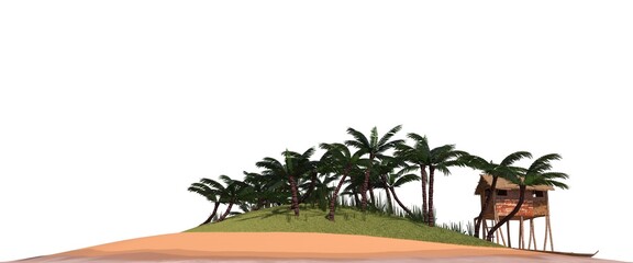 Island in the ocean Isolated on white background 3d illustration