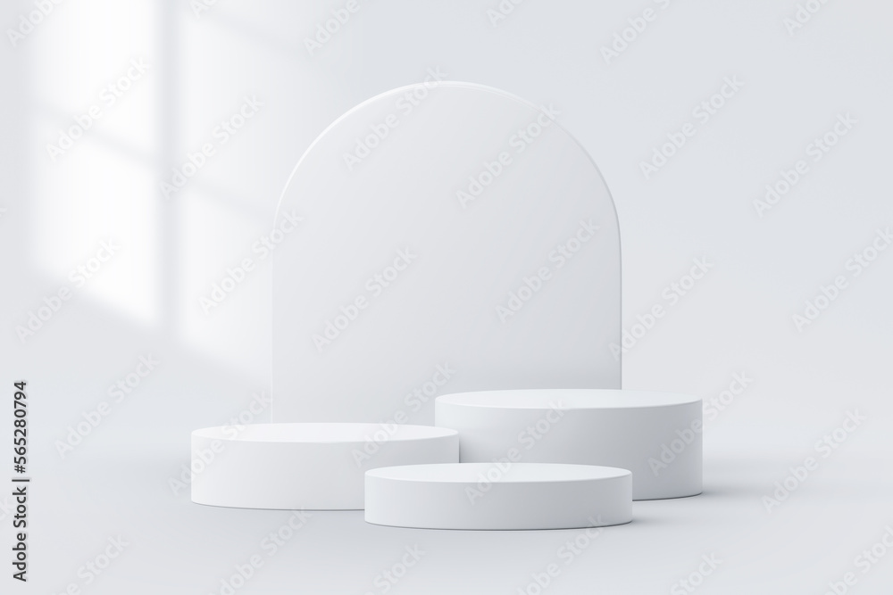 Sticker White podium 3d background stage platform blank show product display with geometric scene pedestal abstract window light studio stand object or empty modern showroom advertising presentation backdrop.