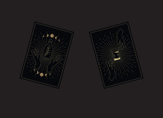 two black tarot cards with palms, hourglass and herbal vial. divination cards on a black background