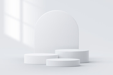 White podium 3d background stage platform blank show product display with geometric scene pedestal abstract window light studio stand object or empty modern showroom advertising presentation backdrop.