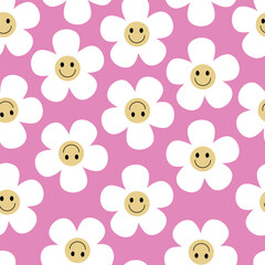 Groovy Flower Patterns Y2k Style. Abstract Square Seamless Patterns with Vintage Groovy Daisy Flowers. Colorful background, 60s, 70s, hippie aesthetic.