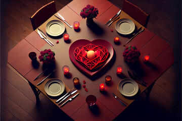 top view of a dinner table for valentine day, generative ai