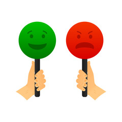 A hand holds a signboard with a green good emotion and a red negative emotion. Right and wrong for feedback. Not a decisive poll. Voting concept. Vector illustration.