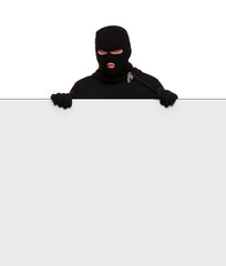 Thief in mask with crowbar on white background, free space.