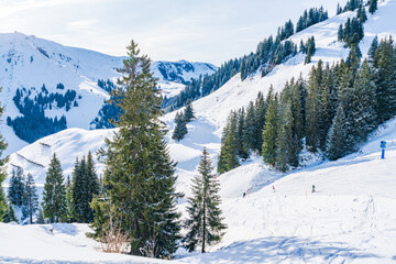 Wintry landscape on Hahnenkamm mountain in Austrian Alps in Kitzbuhel. Winter in Austria