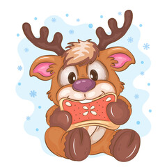 Cartoon Deer with Cookies. Clipart. Christmas illustration of a cartoon deer that eats Gingerbread. Winter mascot cartoon.