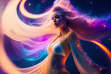 woman in the night space floating hair windy Non-existent person in generative AI digital illustration