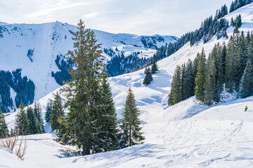 Wintry landscape on Hahnenkamm mountain in Austrian Alps in Kitzbuhel. Winter in Austria
