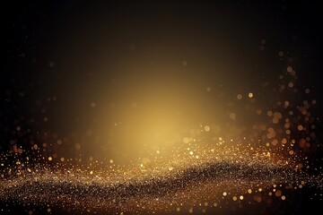 Golden glittering particles on black background. magical abstract glowing particles with bokeh and empty space for text