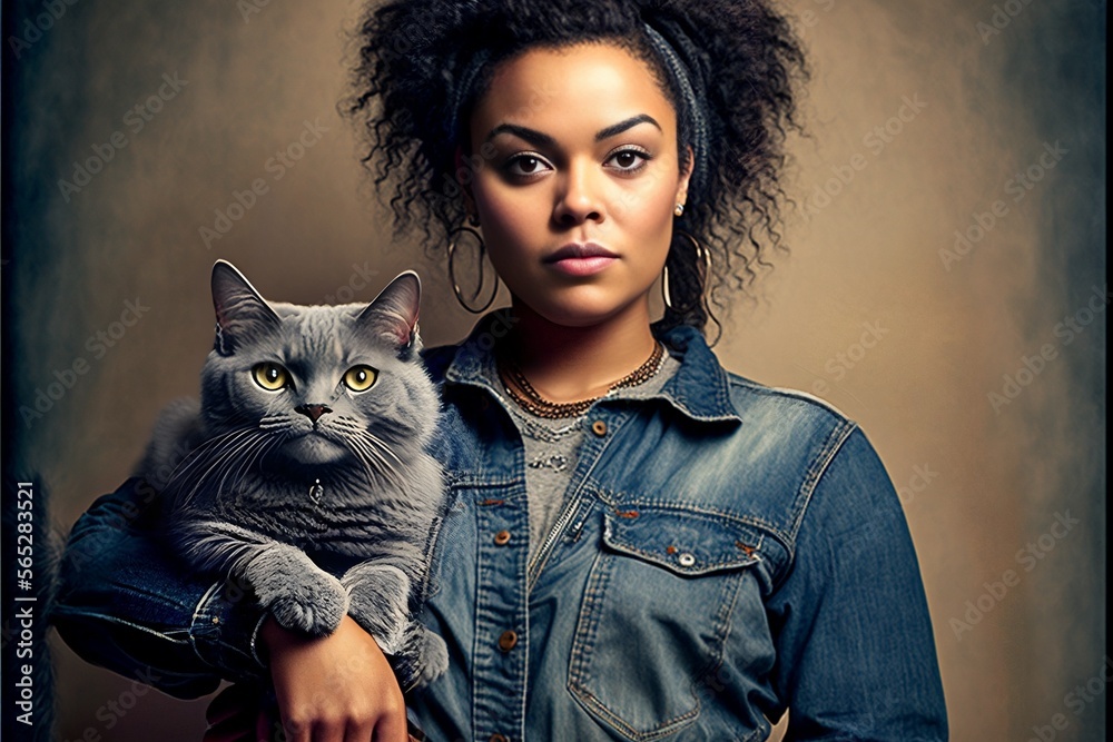 Wall mural Beautiful dark-skinned woman holding pet friend in her arms, lovely gray hair Prussian or Russian blue cat, the lady wears casual jeans jacket, beautiful make-up, digital painting using AI Generative