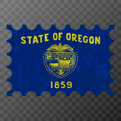Postage stamp with Oregon state grunge flag. Vector illustration.