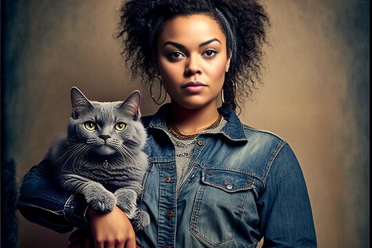 Beautiful dark-skinned woman holding pet friend in her arms, lovely gray hair Prussian or Russian blue cat, the lady wears casual jeans jacket, beautiful make-up, digital painting using AI Generative