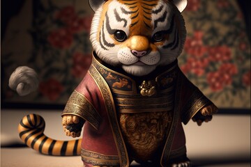 Fototapeta na wymiar Cute cartoon image design, anthropomorphic tiger, wearing traditional Chinese costumes, cute, 3D doll