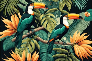 Fototapeta premium seamless textile trendy 2d illustration pattern with toucans on a branch in tropical nature in exotic with tropical leaves abstract painting