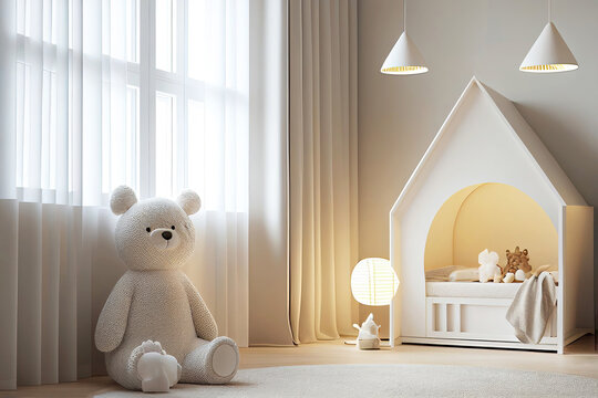Modern bright white nursery room with toys for child (Generative AI)