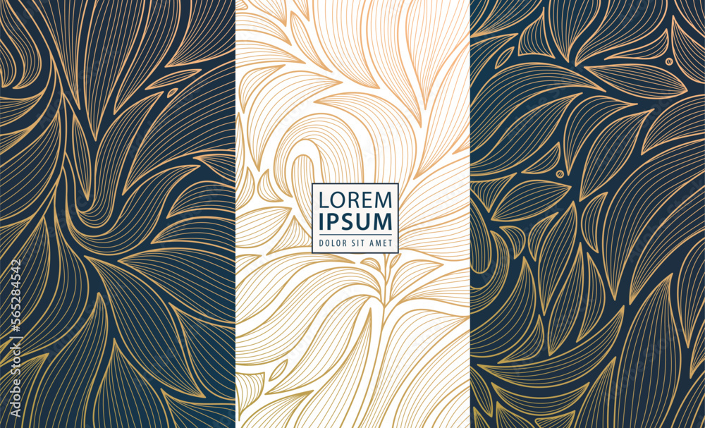 Set of vector design elements: labels, frames, wedding invitations, social net stories, packaging, luxury products, perfume, soap, wine. Line golden backgrounds, floral patterns with leaves.
