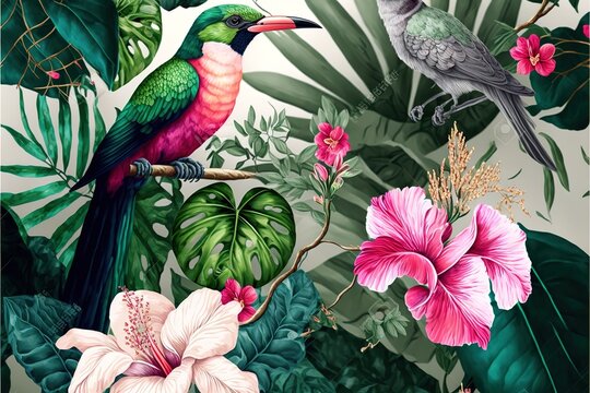 Tropical watercolor birds hummingbird, monkey and jaguar, exotic jungle plants leaves flowers, flamingo pastel color seamless fabric background