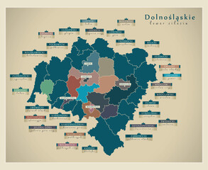 Modern Map - Dolnoslaskie (lower silesia) with counties and cities