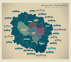 Modern Map - Kujawsko-Pomorskie (kuyavia-pomerania) with counties and cities