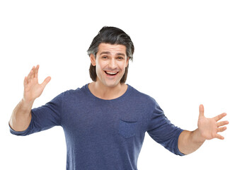 Fototapeta premium Portrait of a handsome man looking surprised with his hands raised Isolated on a PNG background.