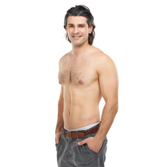 Fototapeta premium Portrait of a handsome, shirtless man posing in smile with his hands in pocket Isolated on a PNG background.