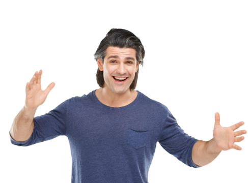 Portrait of a handsome man looking surprised with his hands raised Isolated on a PNG background.