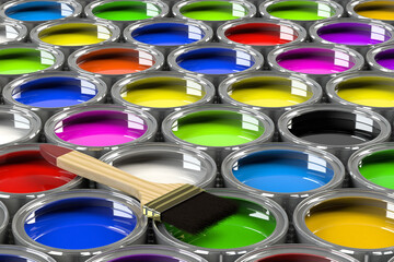 Multiple open paint cans with a brush