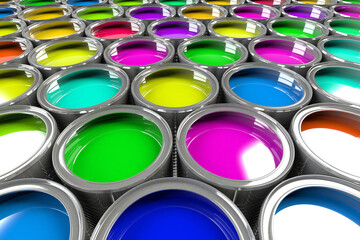 Multiple open cans with different paint
