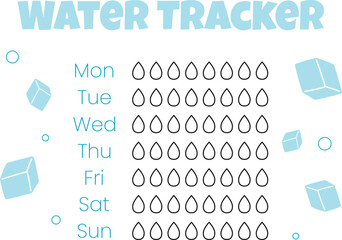 Water tracker vector template. . drinking water checklist. Water tracker with ice. vector illustration. Doodle style.