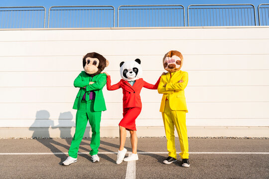 Woman standing with friends wearing animal masks on sunny day