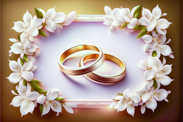 Wedding ring decorated with beautiful flower background. Generative AI
