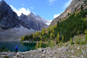 Lake Agnes has a breathtaking landscape with the mountains surrounding it. Alberta, Canada