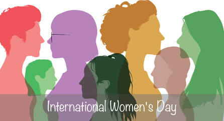 Women's Day is an international day celebrated on March 8th. Multicultural group of women. Standing side by side women of different ethnicities from different parts of the world.