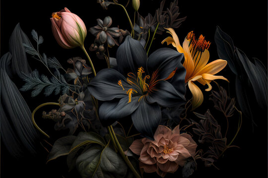 Black flower. Centerpiece and decoration bouquet. Yellow, pink and black flower's bouquet. Ai generated.