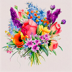 Bouquet of vibrant spring flowers on a white background, watercolor painting