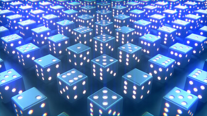 Blue metallic gaming dices - gaming randomization concept - abstract 3D rendering
