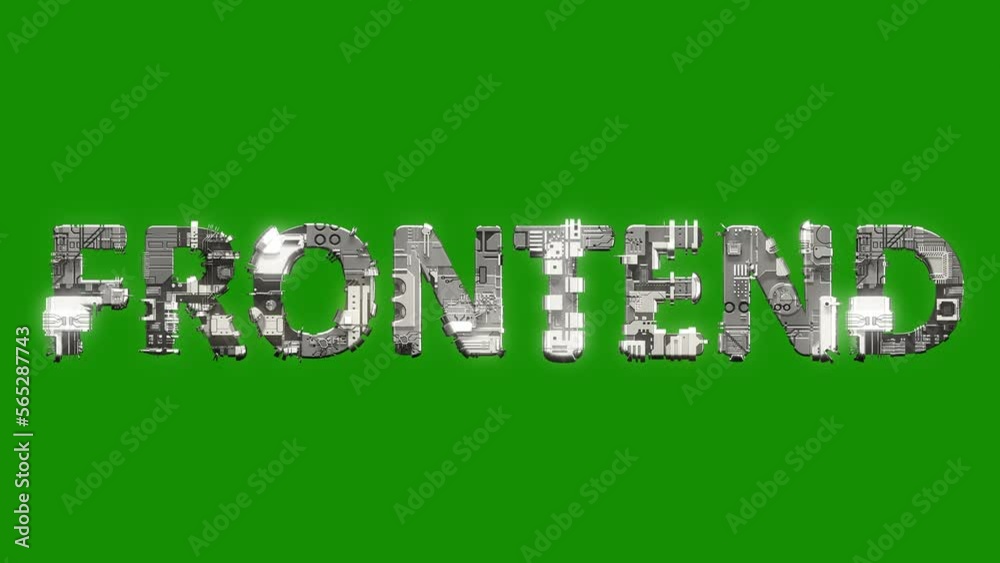 Poster silver grey cybernetical text frontend with animation on chroma key screen, isolated - loop video