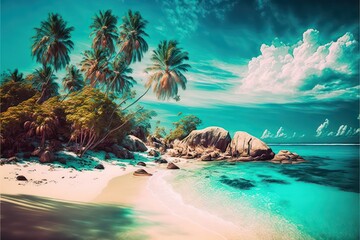 Fototapeta na wymiar Beach with palm trees illustration digital art. Art of summer theme. Generative AI. 