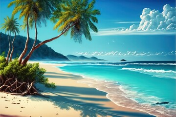 Beach with palm trees illustration digital art. Art of summer theme. Generative AI. 