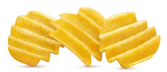 Delicious ridged potato chips, isolated on white background