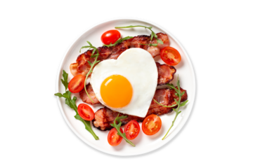 Isolated breakfast for husband or boyfriend on Valentines or Fathers Day with heart shaped fried egg, bacon and vegetables, top view