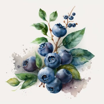 Blueberries watercolor. Blueberry watercolour isolated on white background illustration. Generative AI. 