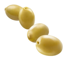 Flying delicious olives, isolated on white background
