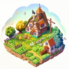 Farm in the countryside. Games background. Games story illustration. Beautiful landscape with shining farm. Generative AI.