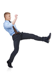 Full length shot of an ambitious young businessman taking a large step Isolated on a PNG background.