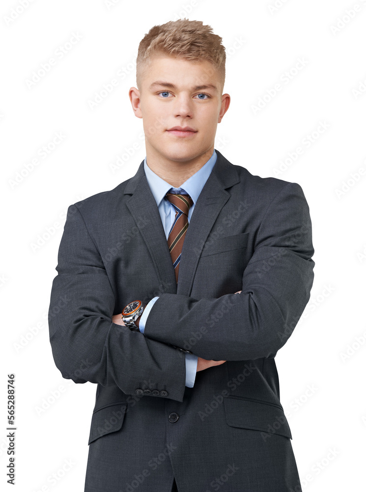 Wall mural portrait of a stern young businessman looking at the camera and crossing his arms isolated on a png 