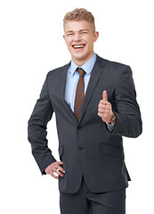 Portrait of a confident young businessman showing thumbs up Isolated on a PNG background.
