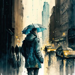 Watercolour illustration about man in the rain with umbrella among in big city. Lonely background. Generative AI.