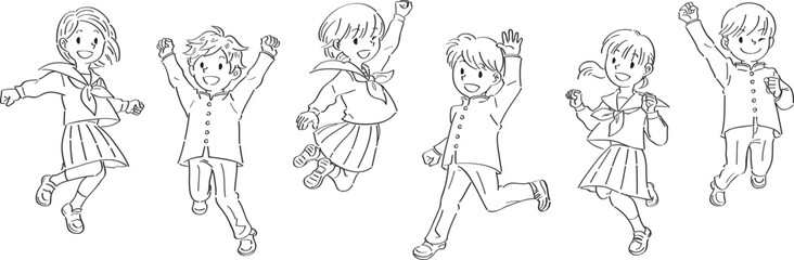 笑顔でジャンプする制服の男子と女子